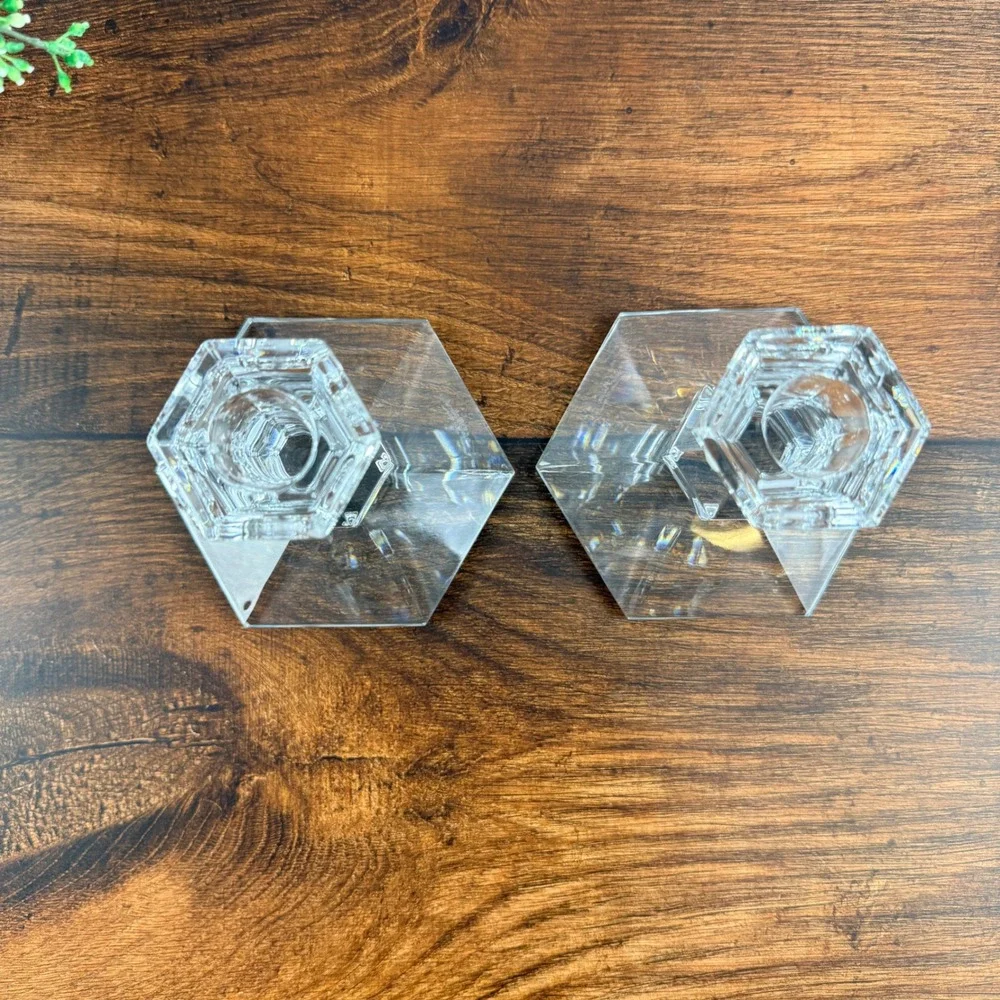 Val St Lambert Crystal Candlestick Holders Pair Hexagonal Base Belgian Glass